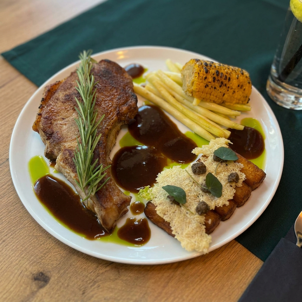 Stek wieprzowy tomahawk z frytkami, kolbą kukurydzy i sosem – restauracja Le Vert we Wrocławiu
